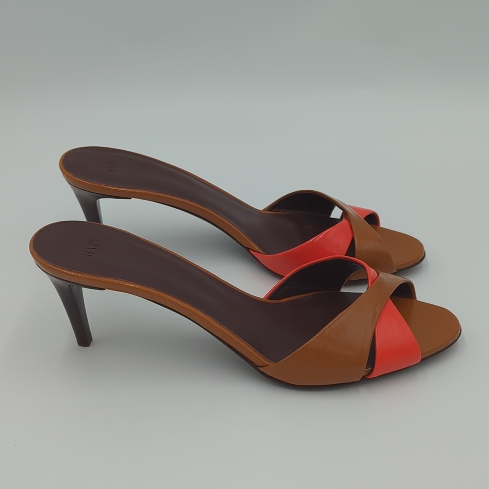 Hazy Orange Patent Leather Heel Sandals Orange Brown Round Toe 9.5 Made in Italy